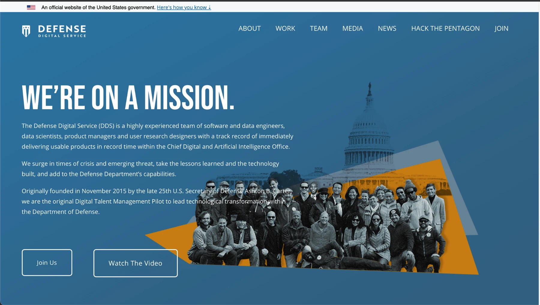 Defense Digital Service mission homepage with a blue hero, team photography, and calls to action.