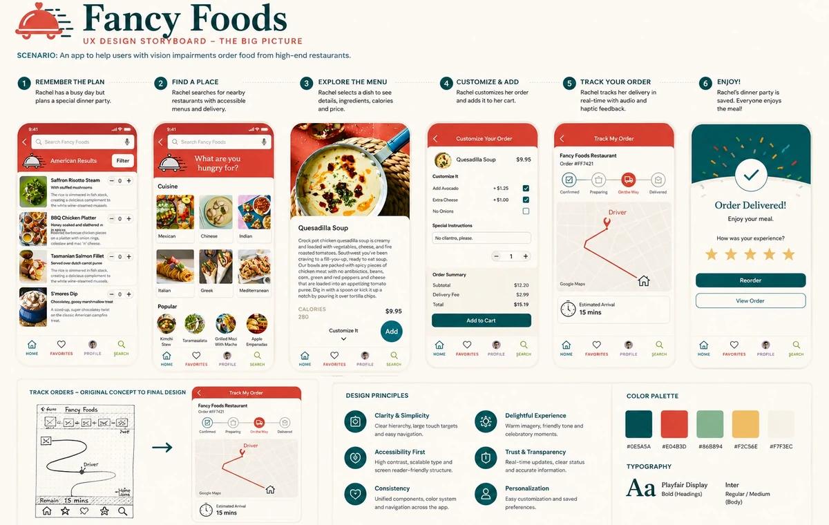 Fancy Foods thumbnail using the final mobile ordering storyboard and real interface designs.
