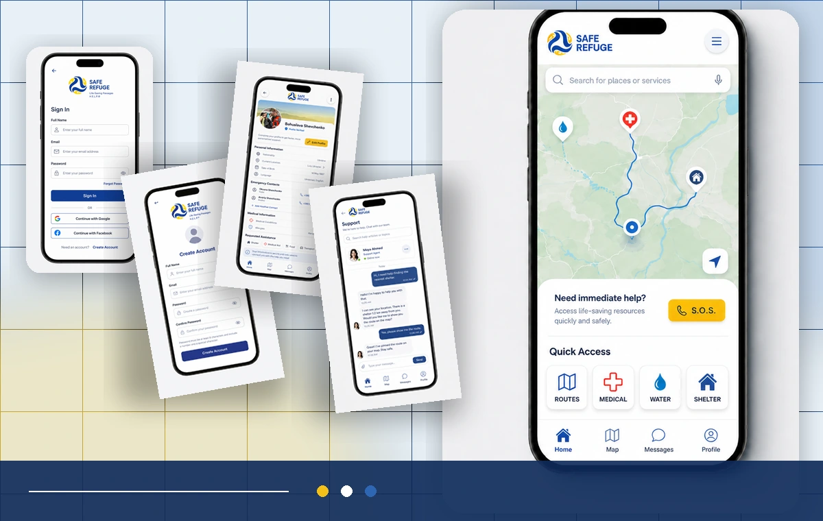 H.E.L.P. mobile interface thumbnail assembled from the real map, sign-in, account, profile, and support screens.