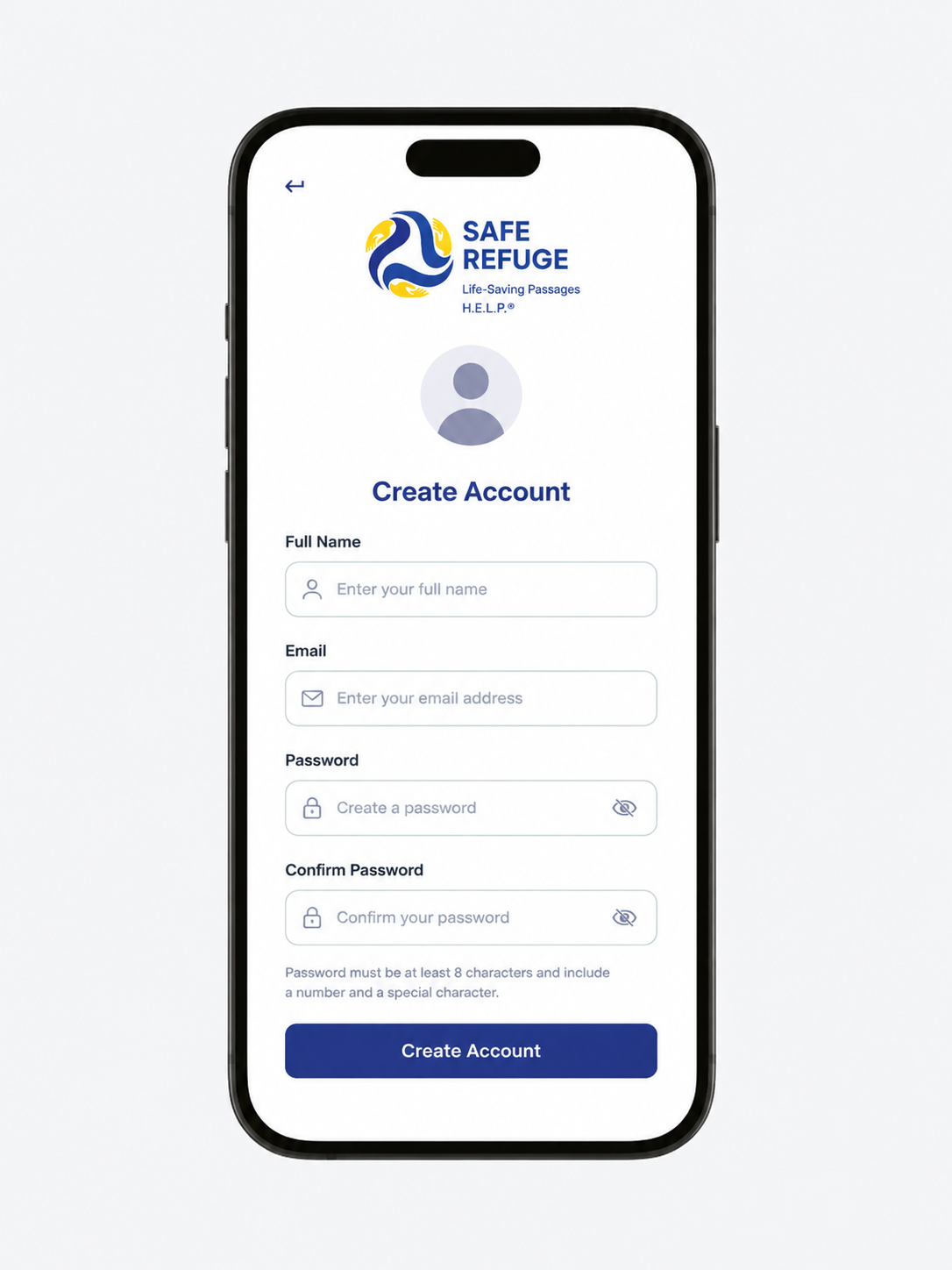 H.E.L.P. create-account screen.