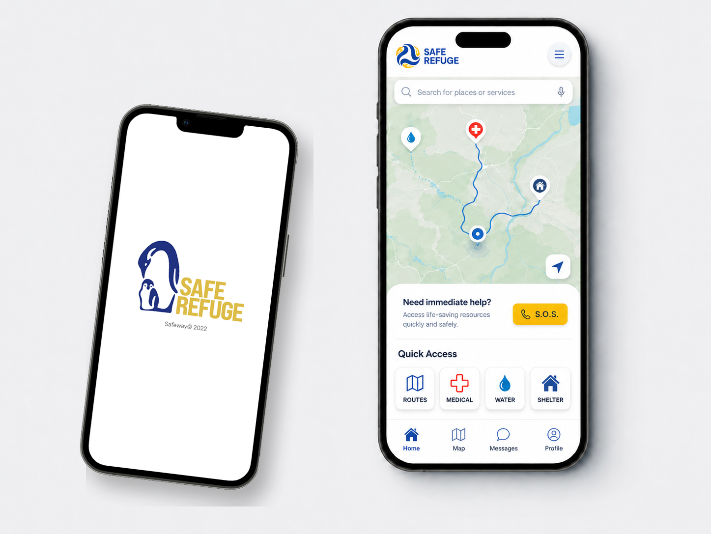 H.E.L.P. mobile composition showing the map-based home screen paired with the original Safe Refuge splash screen in iPhone frames.