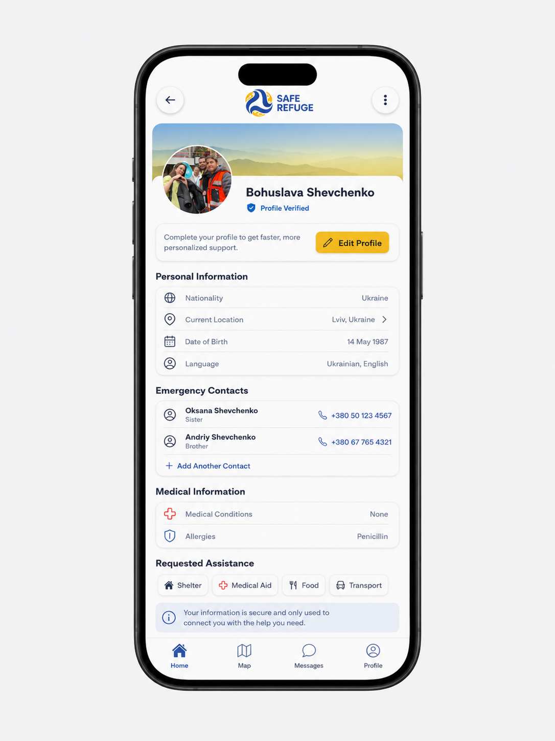H.E.L.P. profile screen with personal, emergency, and assistance information.