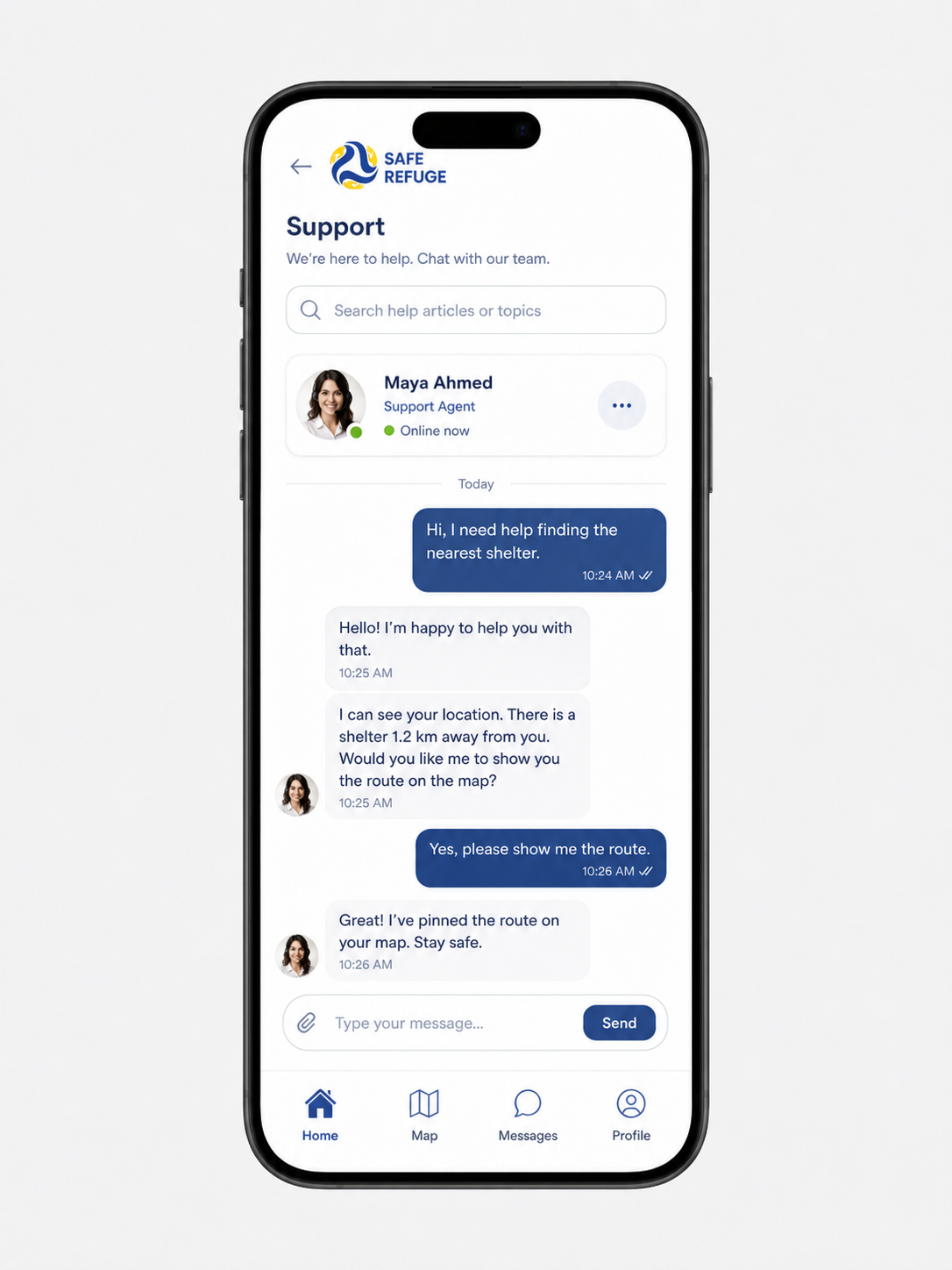 H.E.L.P. support screen showing a search bar, live support agent, and chat conversation in an iPhone frame.