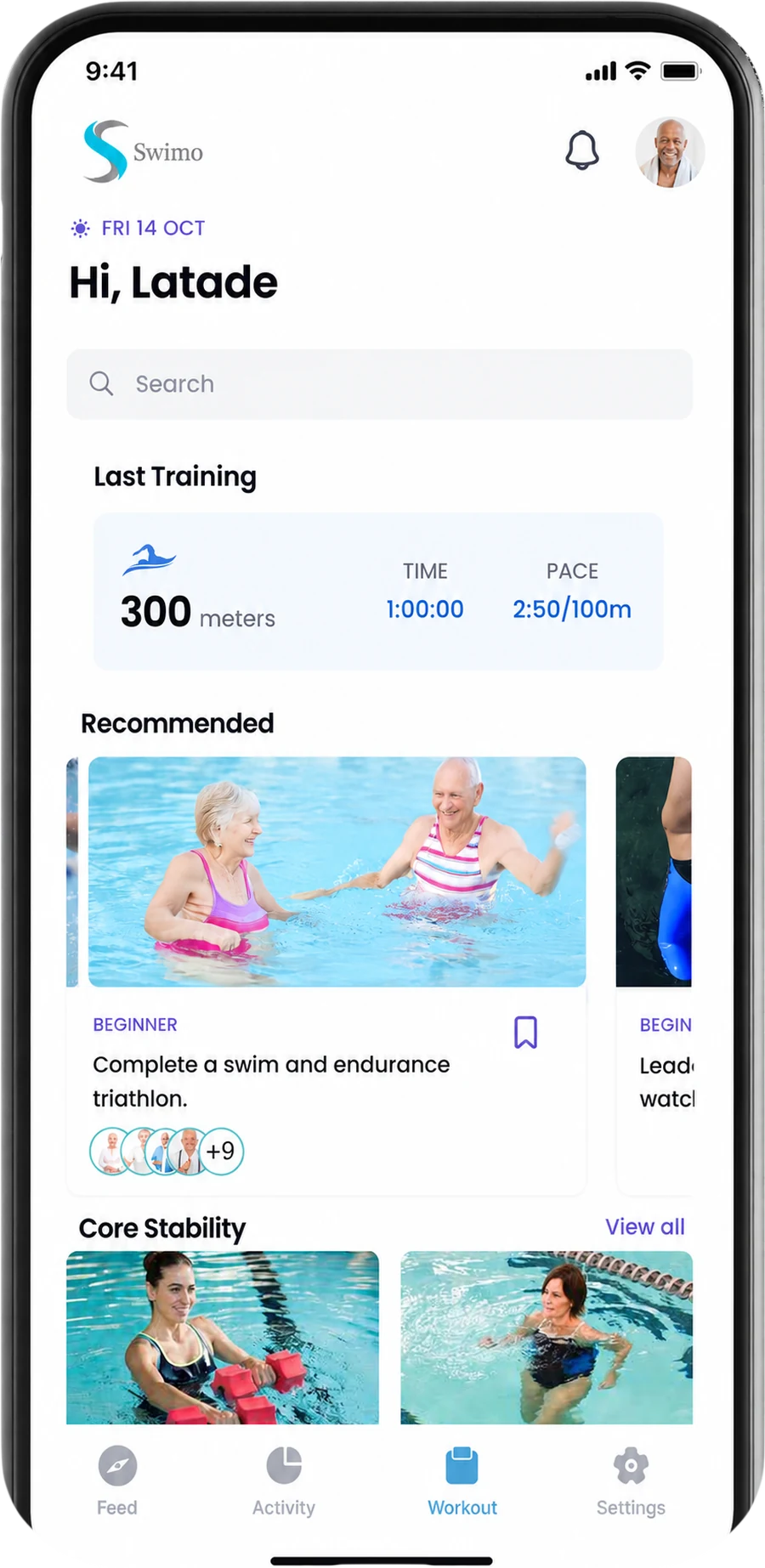 Swimo mobile home screen with recent training summary and recommended aquatic workouts.