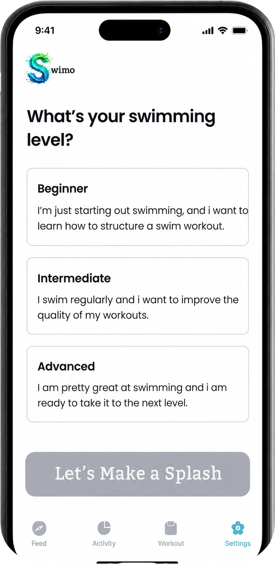 Swimo swimming skill-level screen with beginner, intermediate, and advanced options.