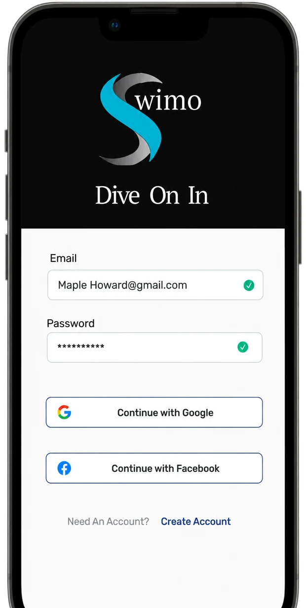 Earlier Swimo sign-in screen with email, password, Google, Facebook, and create-account actions.
