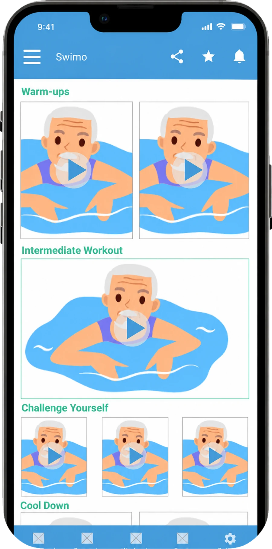 Earlier Swimo workout screen showing warm-ups, intermediate workout, challenge yourself, and cool down video tiles.