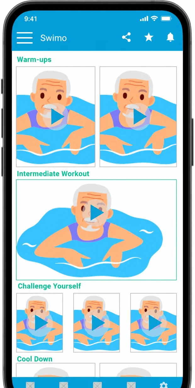 Earlier Swimo workout library with warm-ups, intermediate workout, challenge-yourself videos, and cool-down content.